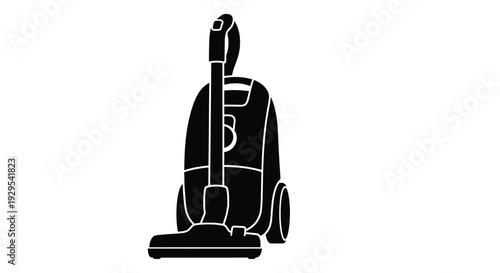 A black and white silhouette of a modern upright vacuum cleaner on white