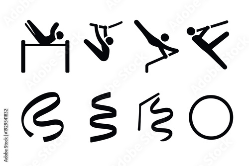 set of black and white silhouette gymnastics icons with rings pommel horse horizontal bar and parallel bars in minimalist style