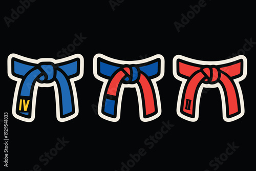 set of three hand drawn martial arts belts in blue and red with roman numerals in flat style