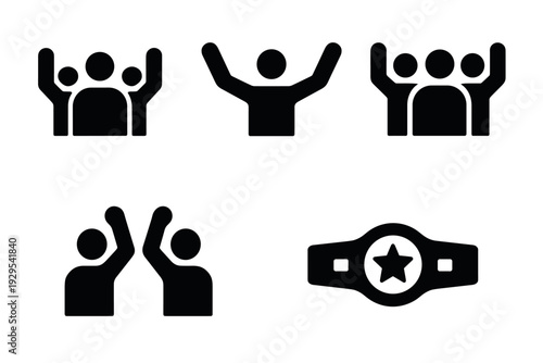 set of hand drawn black silhouette people cheering and high five icons with championship belt symbol