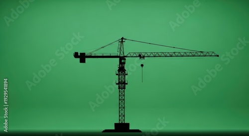Crane standing tall against a vibrant green gradient background, viewed from the front, construction site machinery in sharp focus