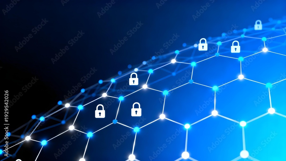 Obraz premium Cybersecurity background with blockchain hexagonal grid and secure padlock nodes