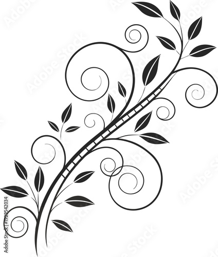 An ornate black and white floral vector illustration featuring an abstract pattern of swirl curls, leaves, and butterfly silhouettes for a decorative nature-inspired plant element design