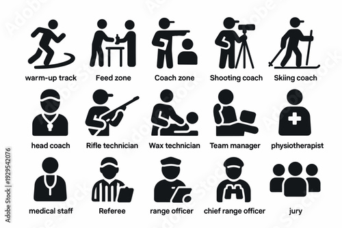 set of winter sports biathlon coaching and support staff icons hand drawn style