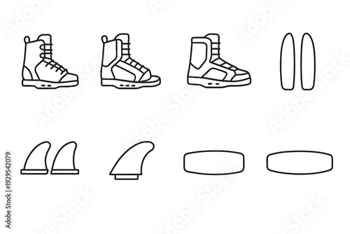 set of hand drawn wakeboard boots fins and boards outline icons