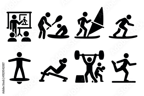 set of hand drawn black fitness and sports icons including training, kayaking, windsurfing, surfing, balance board, sit ups, weightlifting and running