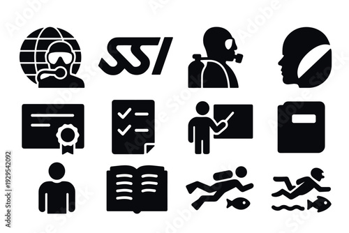 set of black scuba diving icons including diver with globe mask and tank certificate checklist instructor book and underwater swimming symbols
