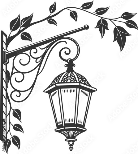 Vintage vector illustration of an antique iron street lamp with glass panels providing electric lighting against an urban city sky
