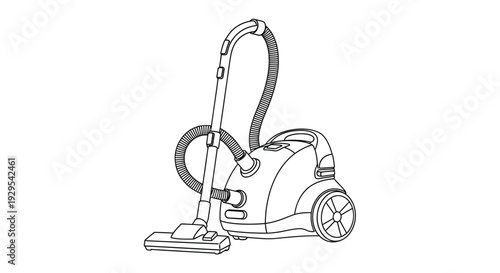 Line drawing of a classic upright vacuum cleaner with a hose and wheels