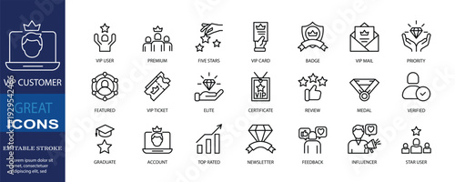 Set of icons for vip customer. Editable stroke. Vector illustration