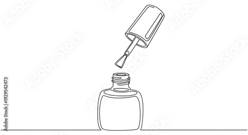 Single line drawing of an open nail polish bottle with brush.