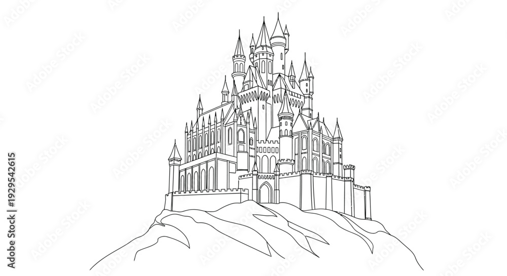 Naklejka premium Single line drawing of a fantasy castle on a hill