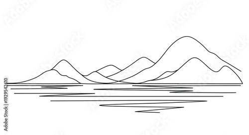 Minimalist line art of mountain range and water reflection
