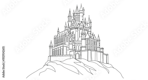 Single line drawing of a fantasy castle on a hill