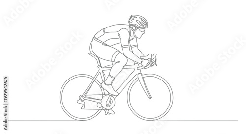 Cyclist racing on a road bike, dynamic single line drawing.