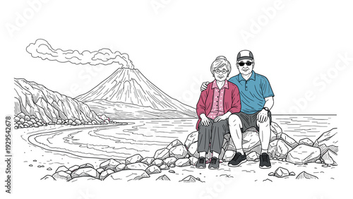 elderly couple sitting on rocks by volcanic lake hand drawn illustration with nature and travel theme