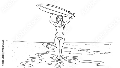 woman carrying surfboard on beach shore walking in water hand drawn line art illustration