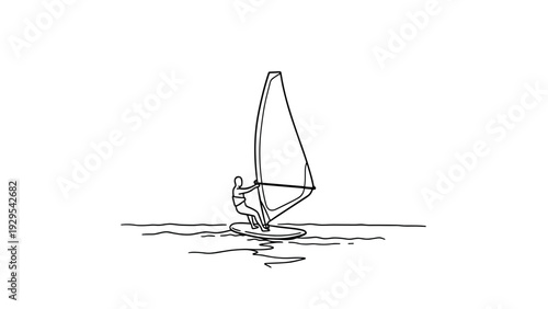 person windsurfing on water hand drawn line art illustration