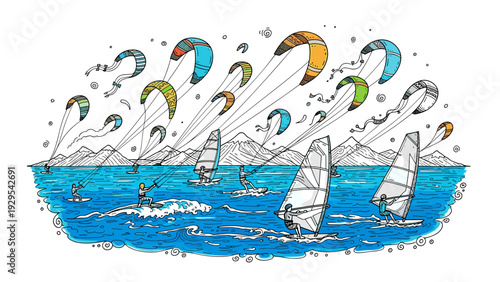 colorful hand drawn kite surfing and windsurfing scene with mountain background and blue water