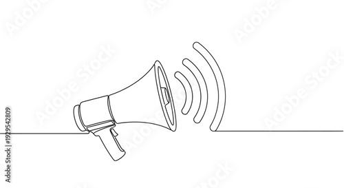Continuous line illustration of a megaphone with sound waves