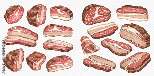 Set of various raw meat cuts, including bacon, beef, and pork, hand-drawn in a watercolor style.