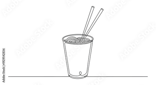 Single line illustration of a cup of noodles with chopsticks