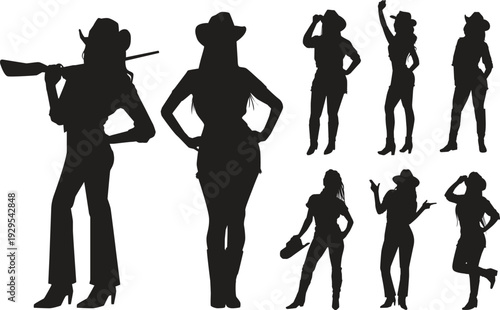 Group of confident women in cowboy hats posing dynamically