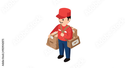 delivery person in red uniform carrying parcels and a mailbag isometric vector illustration