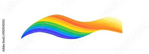A flowing, stylized wave comprised of rainbow colors on a white background