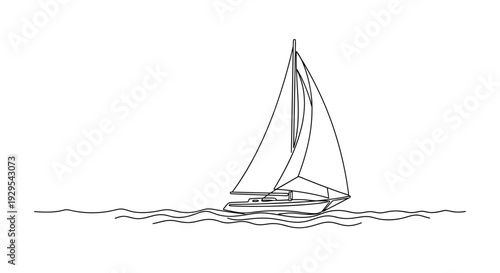 Continuous Line Drawing of a Sailboat Navigating Wavy Ocean Water