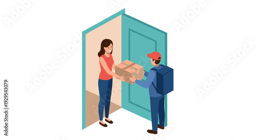 female customer receiving package from male delivery person at open door isometric illustration