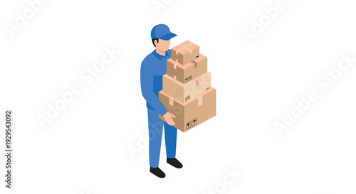 delivery man carrying stacked cardboard boxes isometric illustration in blue uniform