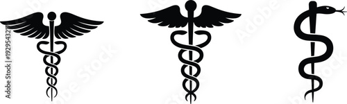 Black silhouettes of Caduceus and Rod of Asclepius medical symbols Keywords: medical, health, healthcare, symbol, emblem