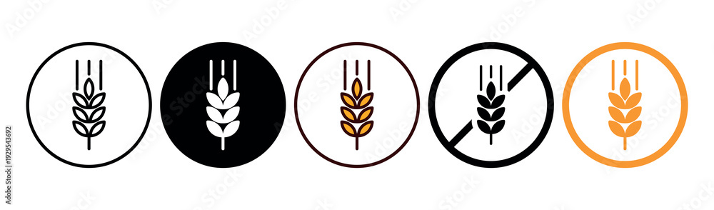 Naklejka premium Wheat, Gluten Free Vector Flat Signs Set Design on White Background. Allergen Free in Circle Prohibition Icon Symbol. Organic Food Allergen Free Labels Collection with Wheat for Web, Packaging. 