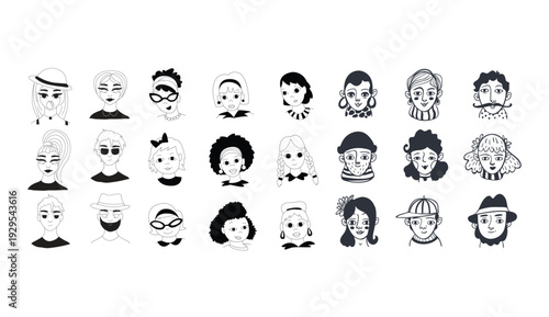 Diverse cartoon faces with various expressions and styles