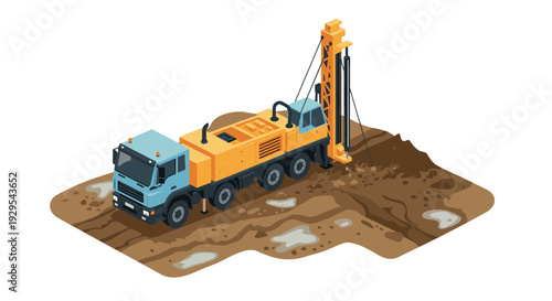 construction drilling truck machine on muddy ground isometric illustration