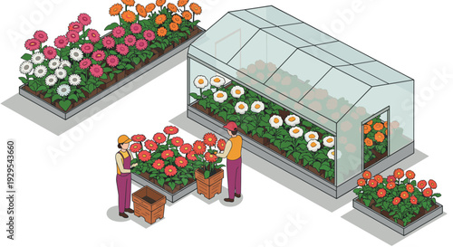 isometric greenhouse and garden flower beds with workers planting hand drawn illustration