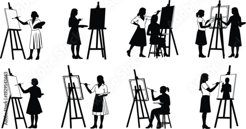 Artist female silhouette set painting on canvas with easel and palette, creative hobby and art class, cad drawing flat vector illustration