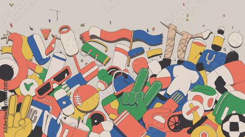 Chaotic and colorful collection of soccer fan merchandise and symbols Keywords: soccer, football