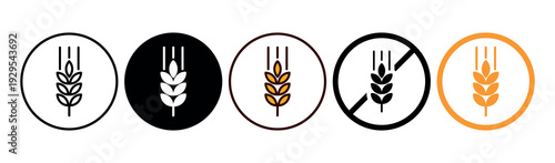 Wheat, Gluten Free Vector Flat Signs Set Design on White Background. Allergen Free in Circle Prohibition Icon Symbol. Organic Food Allergen Free Labels Collection with Wheat for Web, Packaging. 