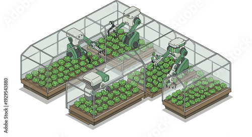 robotic arms growing and harvesting lettuce in transparent greenhouse isometric illustration of automated farming technology