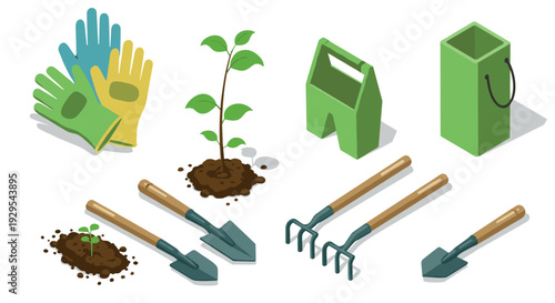 set of hand drawn gardening tools gloves plant saplings and green bags for garden work