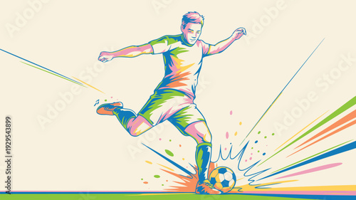 Soccer Player Kicking Ball With Colorful Streaks vector