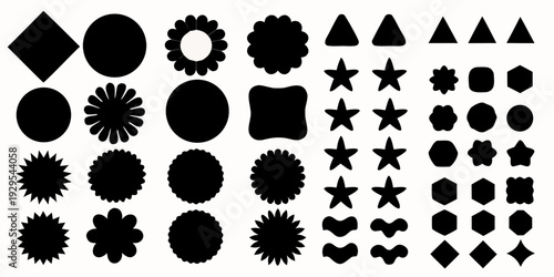 Collection of black geometric shapes and floral like designs on white