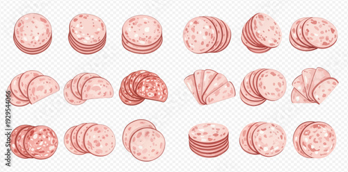 Set of various sliced sausage and salami pieces, perfect for food illustrations and recipes.