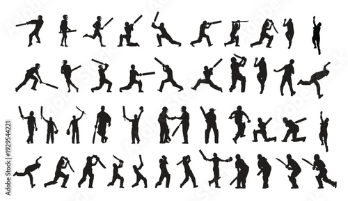 Collection of dynamic cricket player silhouettes in various actions