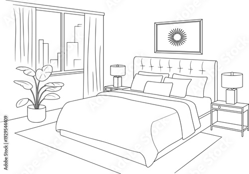 Modern master bedroom interior line drawing with large bed bedside tables lamps indoor plant and window