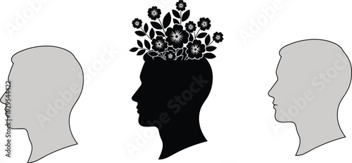 Black and gray human head silhouettes with central floral design emerging from open mind, creative growth concept, imagination, individuality, artistic mental health illustration