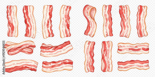 Set of raw bacon strips for breakfast or cooking, isolated on transparent background.