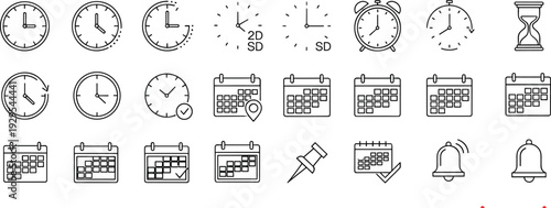 Time and Calendar Outline Icons Collection with Clock Alarm Reminder and Schedule Symbols Flat Vector Illustration Set